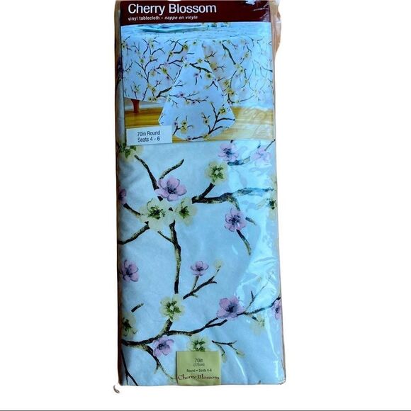 Cherry Blossom Vinyl Tablecloth 70 In Round NEW In Package - Picture 3 of 5